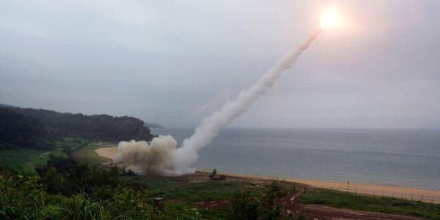 The US Army Tactical Missile System (ATACMS) launches missiles into the East Sea during a South Korea-US joint missile exercise.