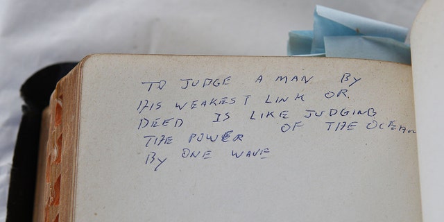 One of the handwritten messages in a Bible that used to belong to Elvis Presley. It reads, 'To judge a man by his weakest link or deed is like judging the power of the ocean by one wave.'