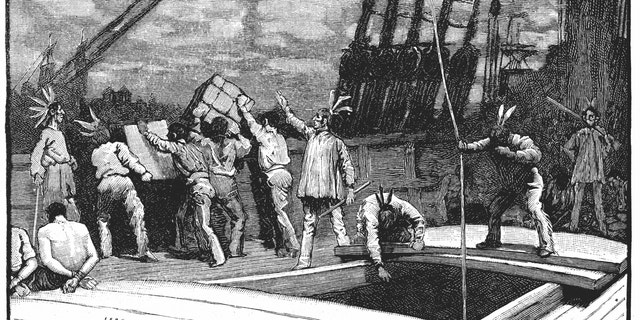 Boston Tea Party, Dec. 26, 1773. Inhabitants of Boston, Massachusetts, dressed as American Indians, throwing tea from vessels in the harbor into the water as a protest against British taxation. "No taxation without representation" Late 19th century wood engraving.