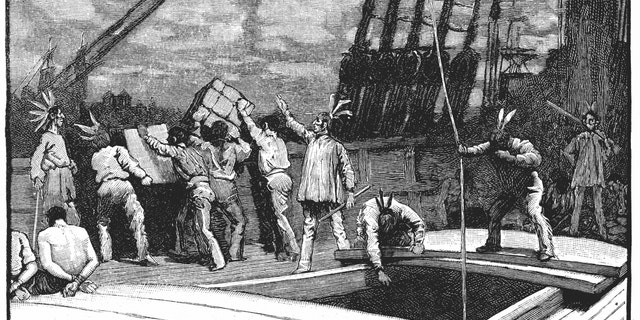 Boston Tea Party, Dec. 26, 1773. Inhabitants of Boston, Mass., dressed as American Indians, throwing tea from vessels in the harbor into the water as a protest against British taxation; "no taxation without representation." Late 19th century wood engraving.