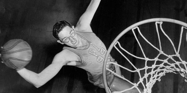 George Mikan of the Minneapolis Lakers during warmups at Madison Square Garden.