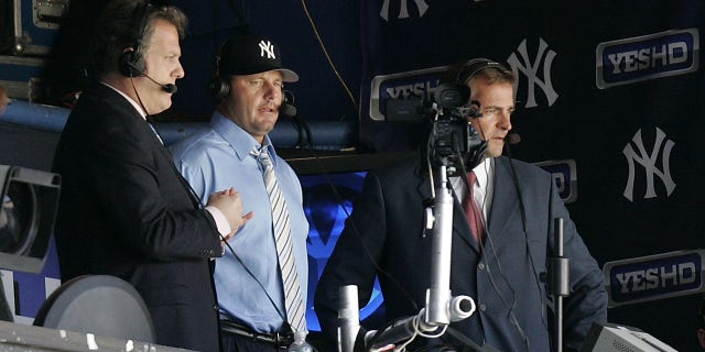 Michael Kay (left) and Al Leiter (right) host Roger Clemens (center) in the YES booth on unofficial Rocket Day in the Bronx. Clemens just signed $18 million contract to pitch for the Yankees for the rest of the 2007 season.  