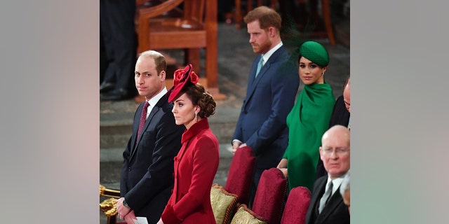 From left: Prince William, then Duke of Cambridge, Catherine, then Duchess of Cambridge, Prince Harry, Duke of Sussex and Meghan, Duchess of Sussex attend the Commonwealth Day Service 2020 on March 9, 2020, in London, England. That year, the Duke and Duchess of Sussex announced that they were stepping back as senior royals.