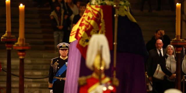 Britain's Prince Andrew, Duke of York attends a vigil with his siblings around the coffin of Queen Elizabeth II on September 16, 2022.