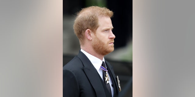 Prince Harry wore a dark suit for Queen Elizabeth II's state funeral on Monday.