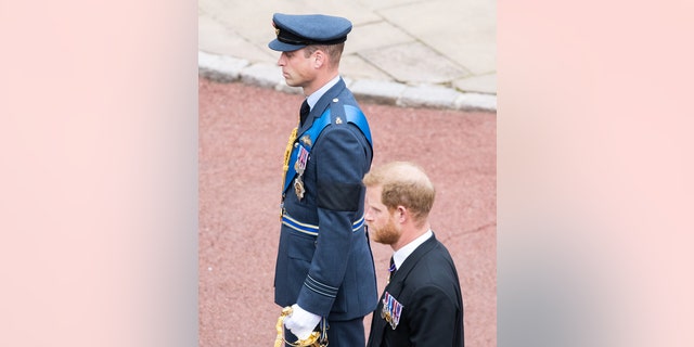 Prince William, Prince of Wales (left) Prince Harry, Duke of Sussex, follow the coffin of Queen Elizabeth II as it is carried in the state hearse as it proceeds towards St. George's Chapel on September 19, 2022, in Windsor, England.