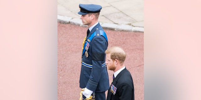 Prince William, Prince of Wales (left) Prince Harry, Duke of Sussex, follow the coffin of Queen Elizabeth II as it is carried in the state hearse as it proceeds towards St. George's Chapel on September 19, 2022, in Windsor, England. 