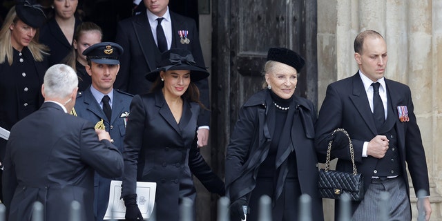 Sophie Winkleman, left, Princess Michael of Kent and Lord Frederick Windsor leave Westminster Abbey during the state funeral of Queen Elizabeth II on Sept. 19, 2022, in London.