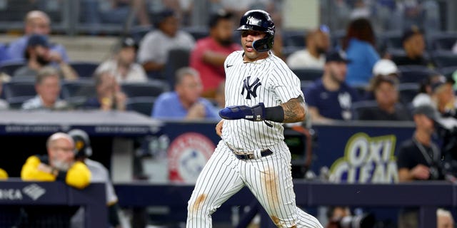 Gleyber Torres, #25 of the New York Yankees, scores in the fifth inning against the Pittsburgh Pirates at Yankee Stadium on Sept. 21, 2022 in the Bronx borough of New York City.
