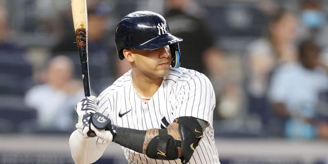 Gleyber Torres, #25 of the New York Yankees, at bat during the third inning against the Tampa Bay Rays at Yankee Stadium on Aug. 16, 2022 in the Bronx borough of New York City.