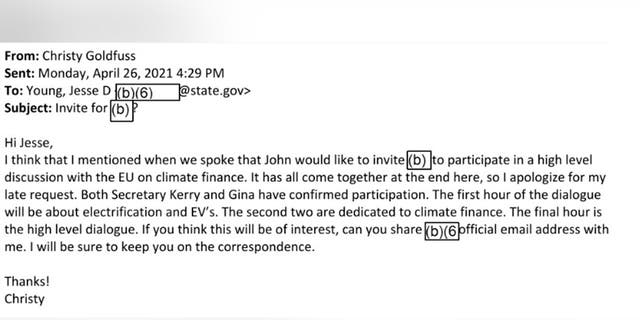 Goldfuss emails Young, inviting a State Department official to "high level" talks with European leaders.