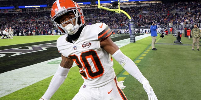 Greg Newsome II of the Cleveland Browns celebrates a second-half interception during a game against the Baltimore Ravens at M and T Bank Stadium Nov. 28, 2021, in Baltimore.