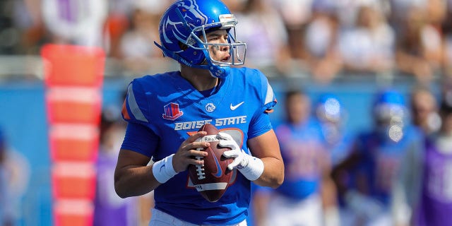 Boise State quarterback Hank Bachmeier (19) looks to throw against Tennessee-Martin in the first half of an NCAA college football game, Saturday, Sept. 17, 2022, in Boise, Idaho.