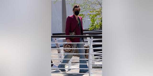 Harry Styles wore bell bottom jeans and a maroon blazer as he landed in Venice ahead of film festival.