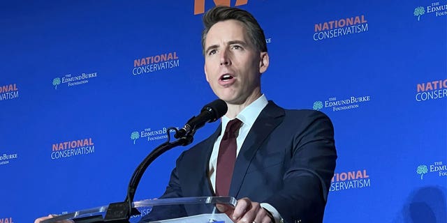 Sen. Josh Hawley, R-Mo., speaks at the National Conservatism conference in Aventura, Florida, on Sept. 12. 
