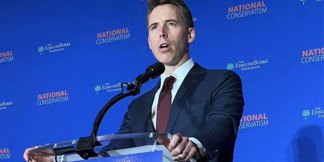 Sen. Josh Hawley, R-Mo., speaks at the National Conservatism conference in Aventura, Florida, on Sept. 12.