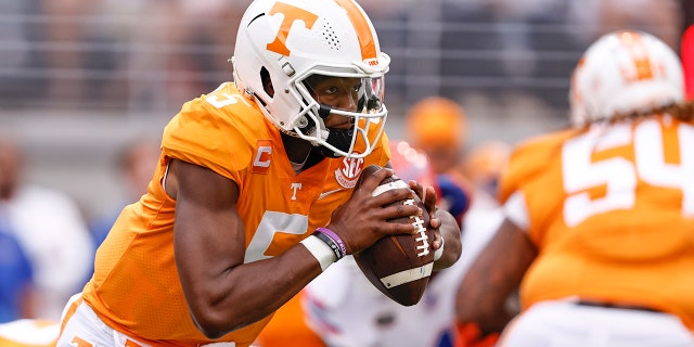 Tennessee quarterback Hendon Hooker runs during the first half against Florida on Sept. 24, 2022, in Knoxville, Tennessee.