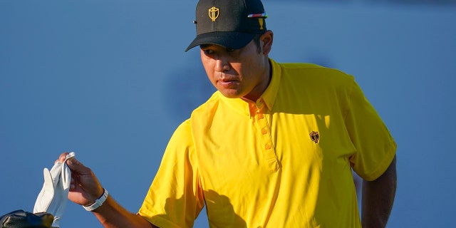 Hideki Matsuyama, of Japan, works during practice for the Presidents Cup golf tournament at the Quail Hollow Club, Wednesday, Sept. 21, 2022, in Charlotte, North Carolina.