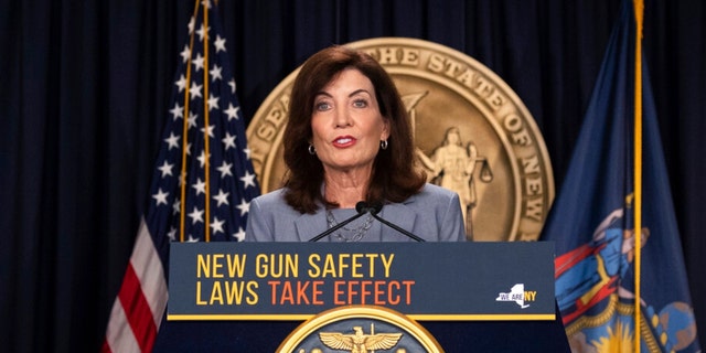 New York Gov. Kathy Hochul speaks during a press conference about upcoming Gun Free Zone implementation at Times Square in New York on Wednesday, Aug. 31, 2022.