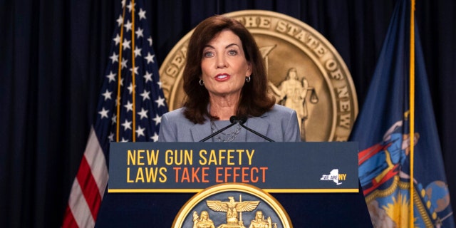 New York Gov. Kathy Hochul speaks during a press conference about upcoming Gun Free Zone implementation at Times Square, Wednesday, Aug. 31, 2022, in New York. 