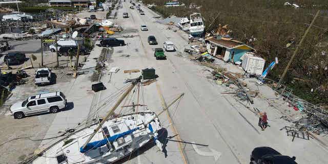 Displaced boats along San Carlos Boulevard following Hurricane Ian, in Fort Myers Beach, Florida, on Sept. 29, 2022. 