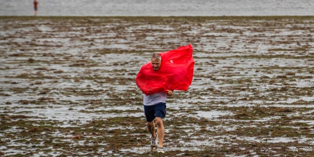 Curious sightseers walk in the receding waters of Tampa Bay due to the low tide and tremendous winds from Hurricane Ian in Tampa, Florida, Wednesday, Sept. 28, 2022. 