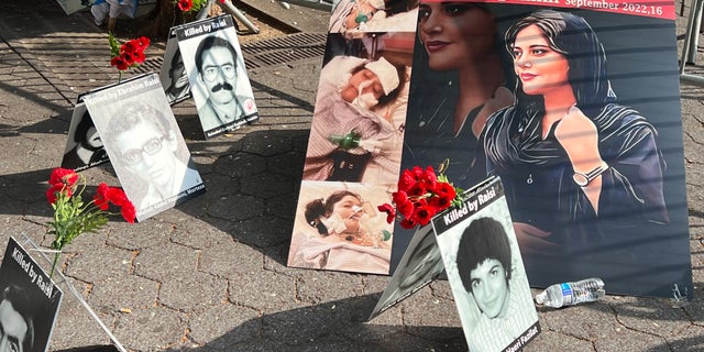 A display of 2,000 victims of the Iranian regime includes a poster of Mahsa Amini, 22, who died Friday after security forces allegedly murdered her for violating hijab laws.