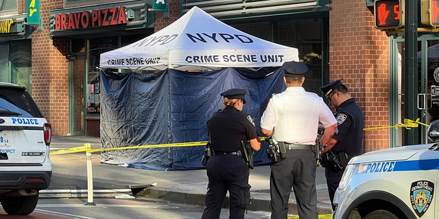 NYPD crime scene unit tent erected to shield view of 25-year-old victim's body.
