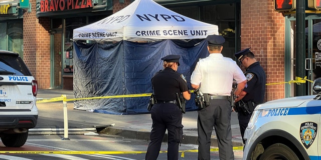 NYPD crime scene unit tent erected to shield view of 25-year-old victim's body.