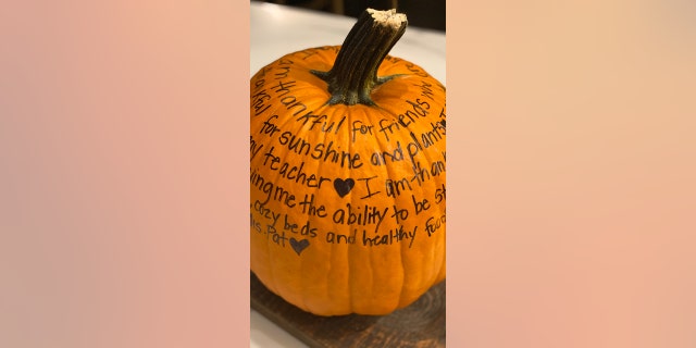 The Pumpkin of Gratitude displays an array of blessings that members of the Riner family have acknowledged to each other.