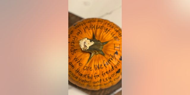 This gratitude pumpkin says, among other things, 