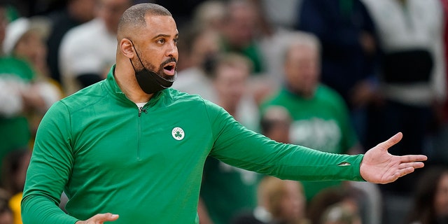 Boston Celtics coach Ime Udoka reacts during the fourth quarter of Game 6 of basketball's NBA Finals against the Golden State Warriors, Thursday, June 16, 2022, in Boston.