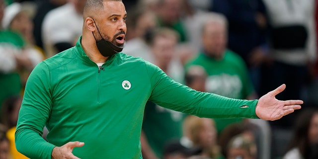 Boston Celtics coach Ime Udoka reacts during the fourth quarter of Game 6 of basketball's NBA Finals against the Golden State Warriors, Thursday, June 16, 2022, in Boston.