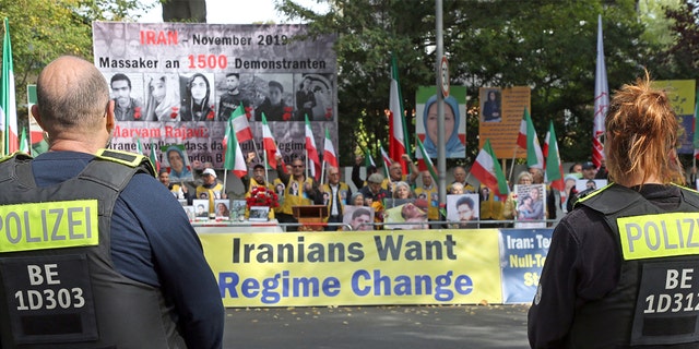 The people who followed the appeal of the German-Iranian Society in Berlin demonstrate in front of the Iranian embassy against the so-called "moral police" in their home country, in Berlin, Germany, on Friday, September 23, 2022. 