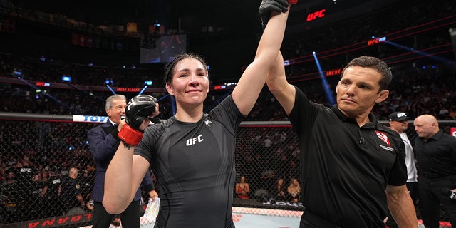 Irene Aldana reacts after her victory over Macy Chiasson in a 140-pound catchweight fight on Sept. 10, 2022, in Las Vegas, Nevada.