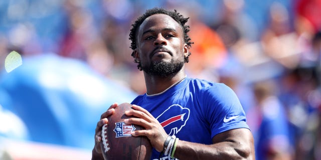 Isaiah McKenzie of the Buffalo Bills warms up prior to a preseason game against the Denver Broncos at Highmark Stadium in Orchard Park, New York, on Aug. 20, 2022.