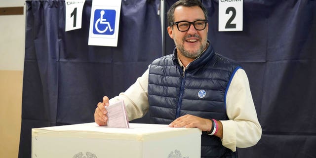 The League leader Matteo Salvini casts his ballot at a polling station in Milan, Italy, Sunday, Sept. 25, 2022. Italians are voting in a national election coming at a critical time for Europe. Soaring energy bills, largely caused by the war in Ukraine, have households and businesses fearful they can't keep the heat or lights on this winter. (AP Photo/Nicola Marfisi)