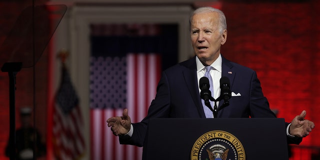 President Joe Biden delivers a speech at Independence National Historical Park September 1, 2022 in Philadelphia, Pennsylvania. President Biden spoke on 