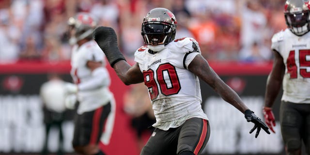 Jason Pierre-Paul of the Tampa Bay Buccaneers reacts during the second quarter against the Chicago Bears at Raymond James Stadium in Tampa, Fla., on Oct. 24, 2021.