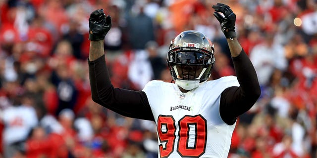 Jason Pierre-Paul of the Tampa Bay Buccaneers reacts in the fourth quarter of a game against the Los Angeles Rams in the NFC Divisional Playoff game at Raymond James Stadium in Tampa, Fla., on Jan. 23, 2022.