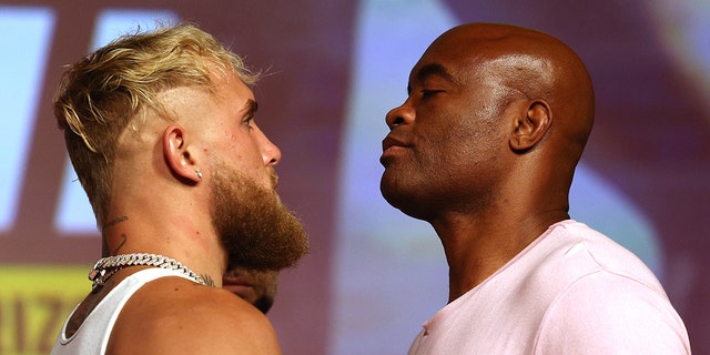 Jake Paul and Anderson SIlva face off during a Jake Paul v.  Anderson Silva at NeueHouse Hollywood on September 12, 2022, in Hollywood, California.