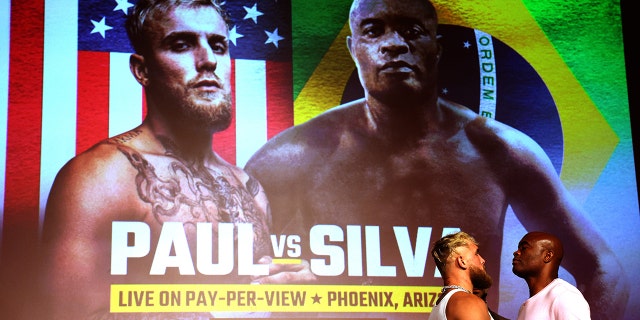 Jake Paul and Anderson SIlva face off during a Jake Paul v Anderson Silva press conference at NeueHouse Hollywood on September 12, 2022 in Hollywood, California.