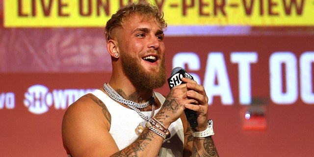 Jake Paul reacts during a Jake Paul-Anderson Silva press conference at NeueHouse Hollywood Sept. 12, 2022, in Hollywood, Calif.