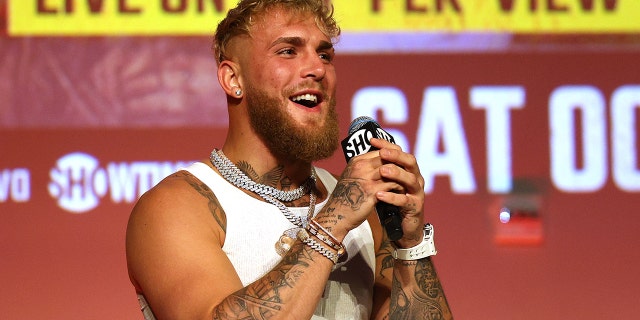 Jake Paul reacts during a Jake Paul v Anderson Silva press conference at NeueHouse Hollywood on September 12, 2022 in Hollywood, California.