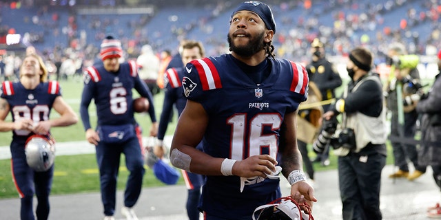 New England Patriots wide receiver Jakobi Meyers (16) after a game between the New England Patriots and the Jacksonville Jaguars on January 2, 2022, at Gillette Stadium in Foxborough, Massachusetts.