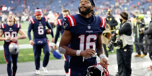 New England Patriots wide receiver Jakobi Meyers (16) after a game between the New England Patriots and the Jacksonville Jaguars on January 2, 2022, at Gillette Stadium in Foxborough, Massachusetts.