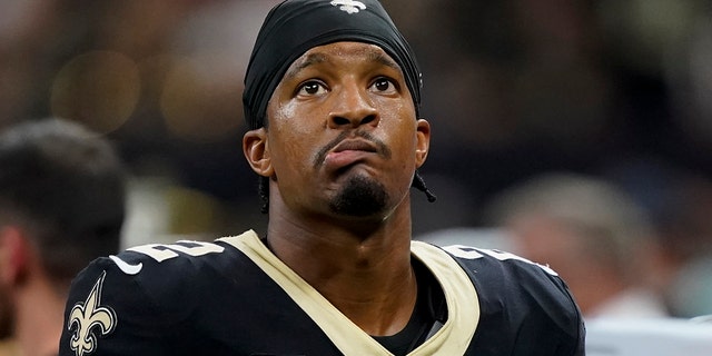 New Orleans Saints quarterback Jameis Winston watches during the second half against the Tampa Bay Buccaneers in New Orleans on Sept. 18, 2022.