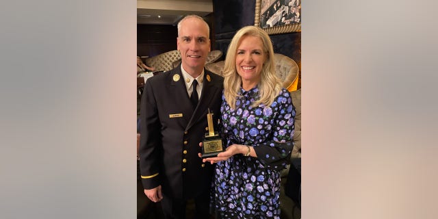 Fox News senior meteorologist Janice Dean and husband Sean Newman on 9/11/22 at the Freedom Awards in New York City sponsored by the the Governor George E. Pataki Leadership Center.