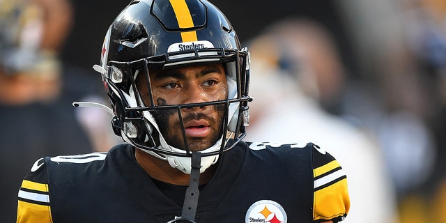 Jaylen Warren, #30 of the Pittsburgh Steelers, in action during the game against the Detroit Lions at Acrisure Stadium on Aug. 28, 2022, in Pittsburgh. 