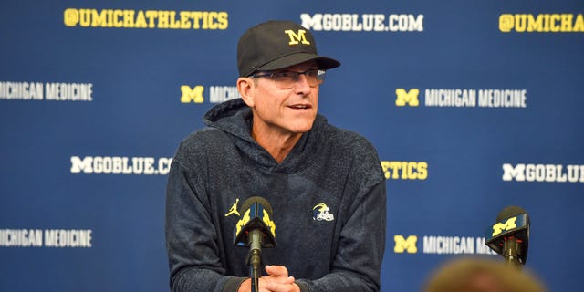 Head coach Jim Harbaugh of the Michigan Wolverines talks to the press after the game against the Colorado State Rams at Michigan Stadium in Ann Arbor, Michigan, on Sept. 3, 2022.